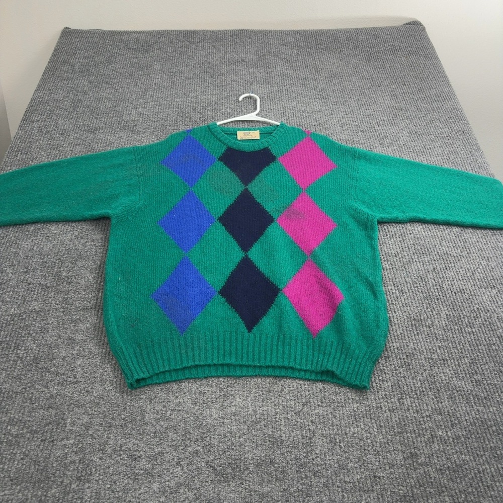 Vintage Lord Jeff Sweater Mens XL Green Wool Argyle Crewneck Preppy Style